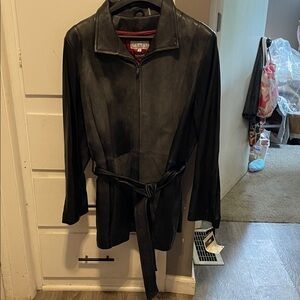 Wilson Leather Black Leather Long Jacket with Belt That Ties. Women’s Size 3X